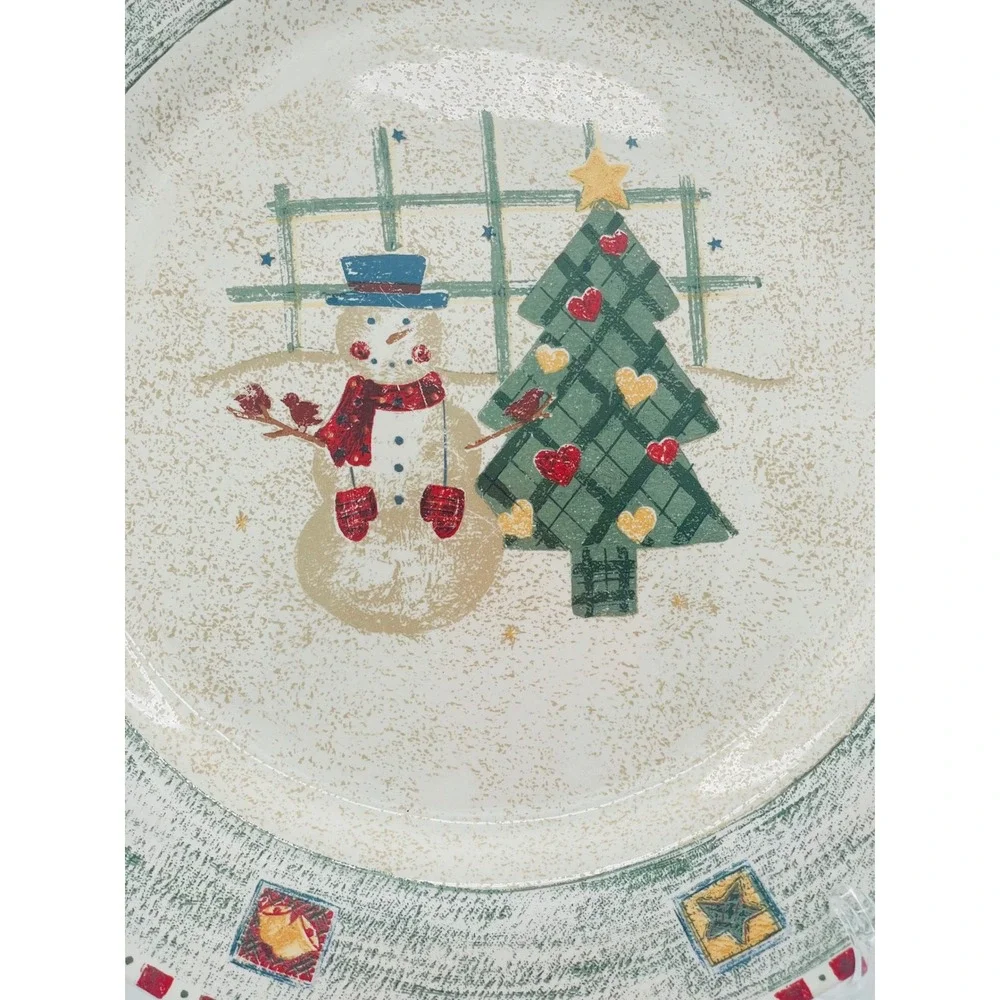 Gibson Housewares Dinner Plates Set of 4 Christmas Snowman Tree 10.5 Inch
